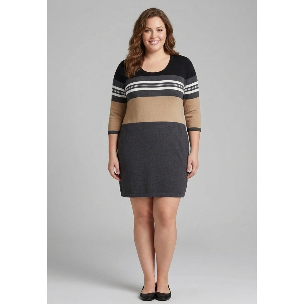 Calvin Klein Sweater Dress XL Camel Black Colorblock Striped